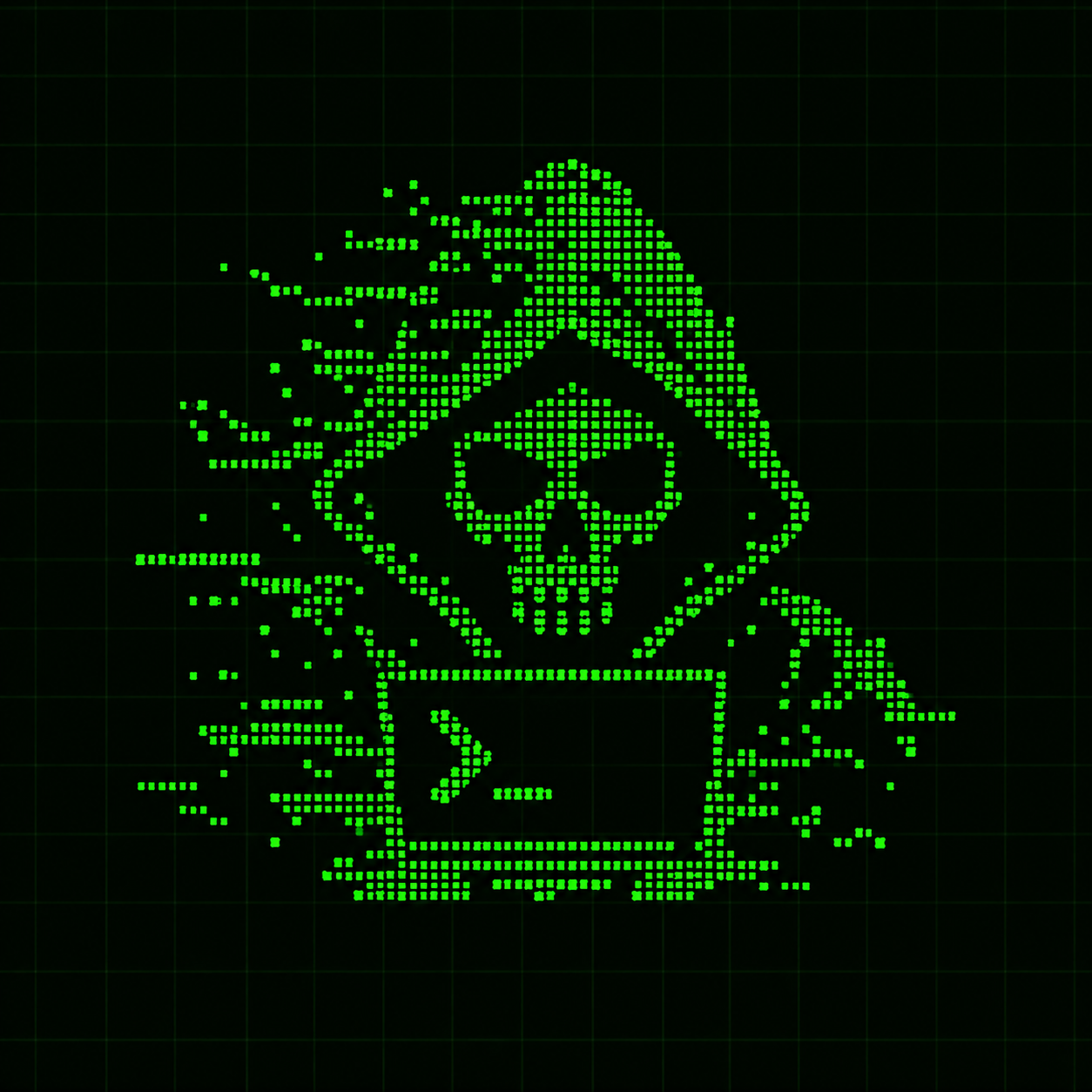 Green pixel-art hooded researcher at a terminal